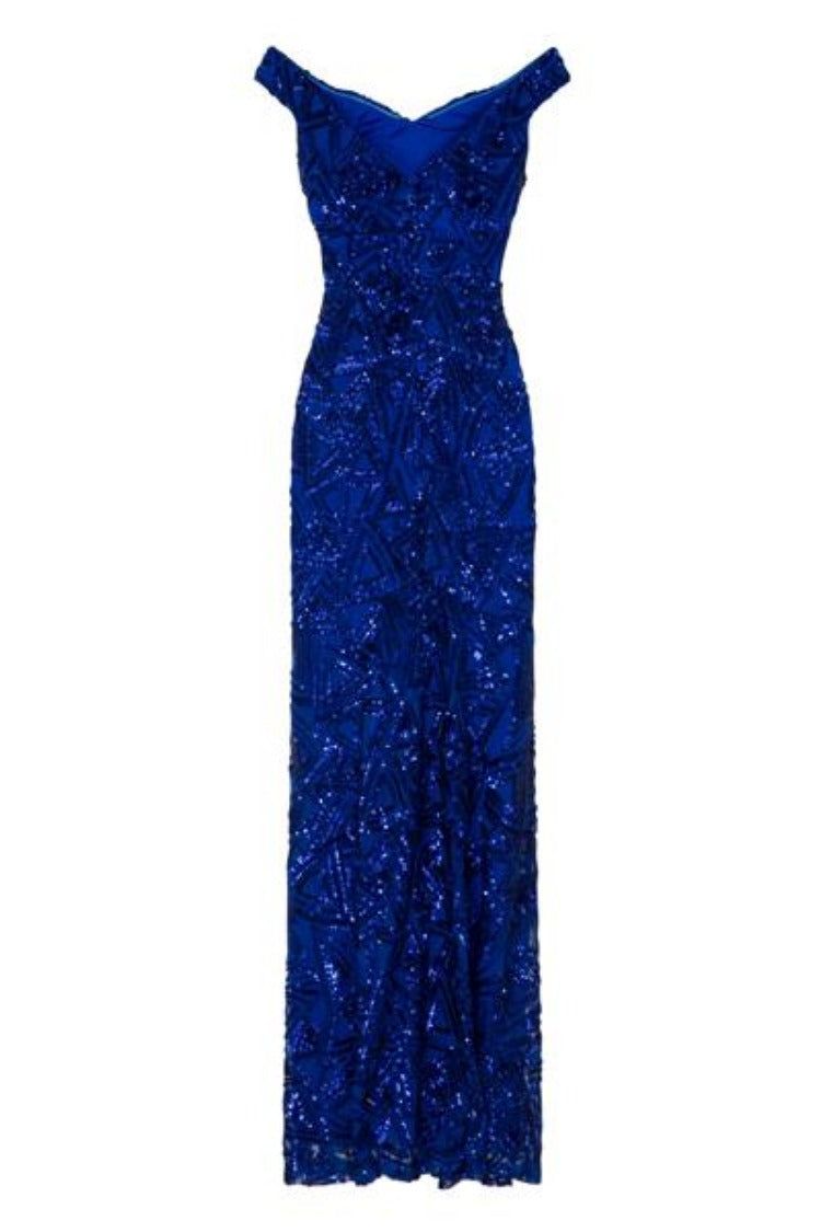 Amira Royal Blue Luxe Love Triangle Sequin Off The Shoulder Maxi Dress