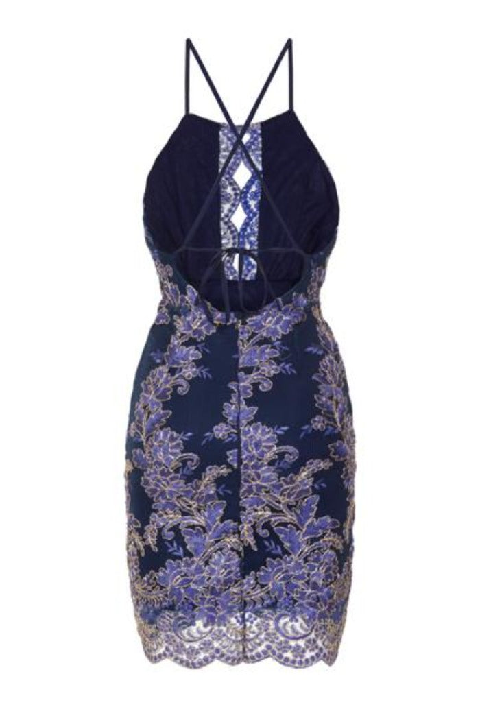 Heidi Navy Blue Keyhole Floral Lace Embroidery Scallop Midi Dress