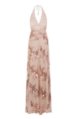 Gala Rose Gold Plunge Halterneck Floral Sequin Thigh Slit Maxi Dress