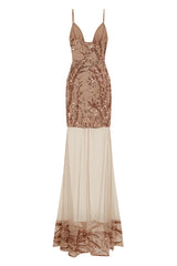 Tatiana Rose Gold Sheer Mesh Sequin Plunge Maxi Gown Dress