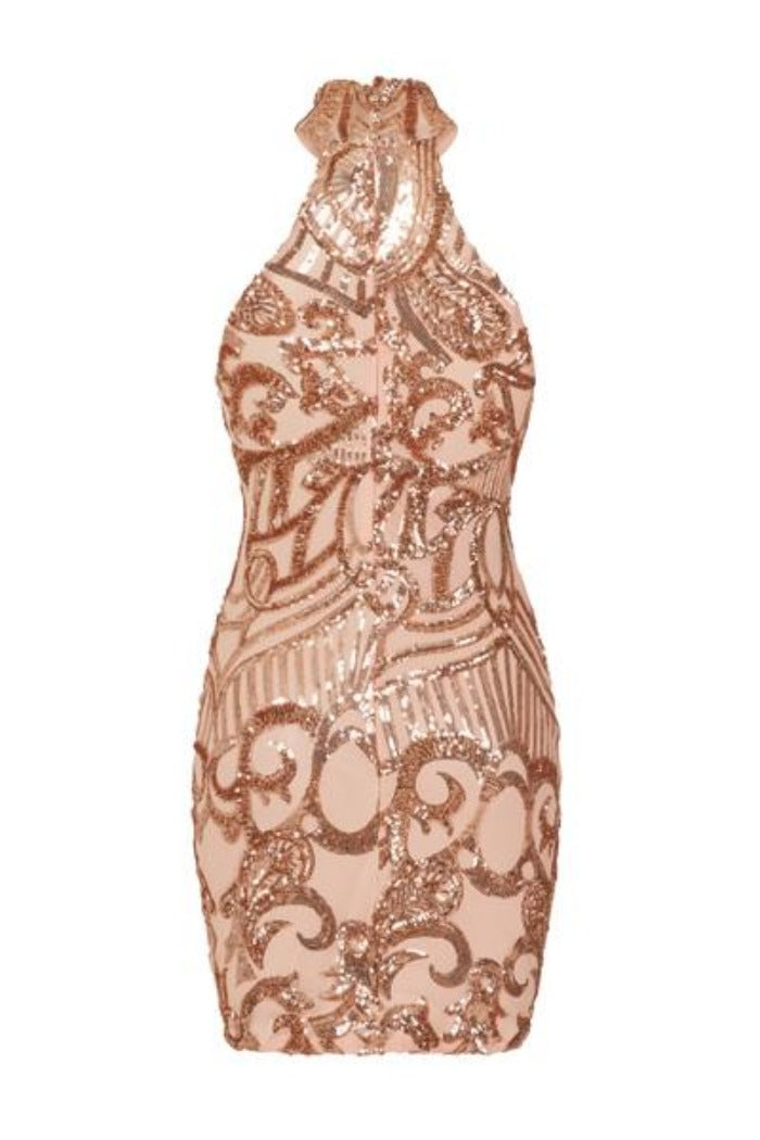 Fate Rose Gold Vip Luxe Illusion Sequin Embellished Mini Bodycon Dress