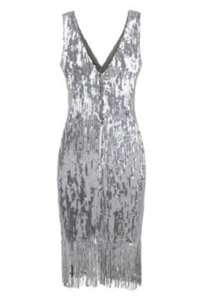 Own It Silver Mirror Sequin Tassel Fringe Hem Midi Dress