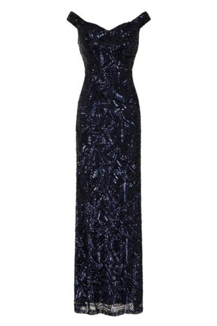 Amira Navy Luxe Love Triangle Sequin Off The Shoulder Maxi Dress