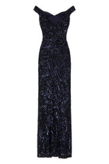 Amira Navy Luxe Love Triangle Sequin Off The Shoulder Maxi Dress