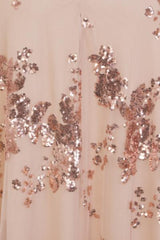 Gala Rose Gold Plunge Halterneck Floral Sequin Thigh Slit Maxi Dress