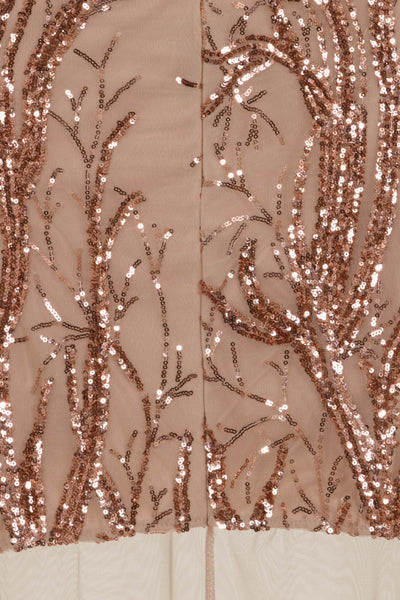Tatiana Rose Gold Sheer Mesh Sequin Plunge Maxi Gown Dress