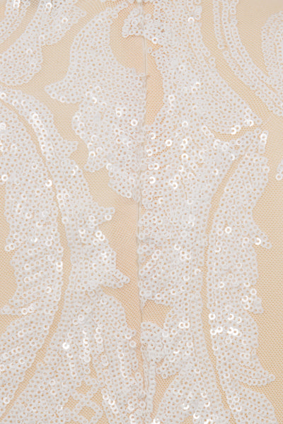 Valentina White Luxe Brocade Sequin Plunge Feather Dress