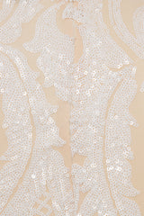 Valentina White Luxe Brocade Sequin Plunge Feather Dress