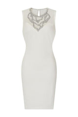 Mika White Sweetheart Mesh Embellished Bust Fitted Midi Dress