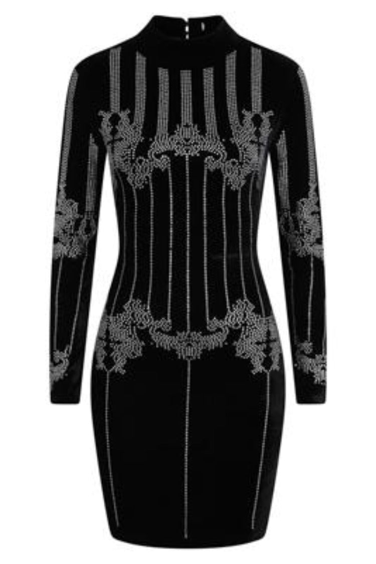 Crush Black Velvet Embellished Rhinestone Long Sleeve Bodycon Dress