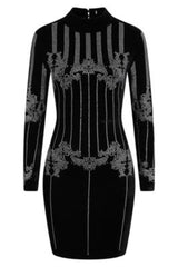 Crush Black Velvet Embellished Rhinestone Long Sleeve Bodycon Dress