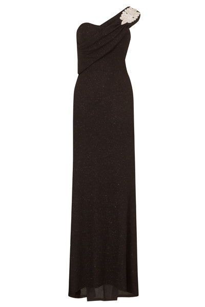Felicia Black Glittered Diamante One Shoulder Fishtail Maxi Dress