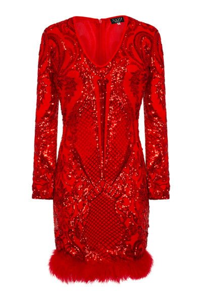 Valentina Red Luxe Brocade Sequin Plunge Feather Dress