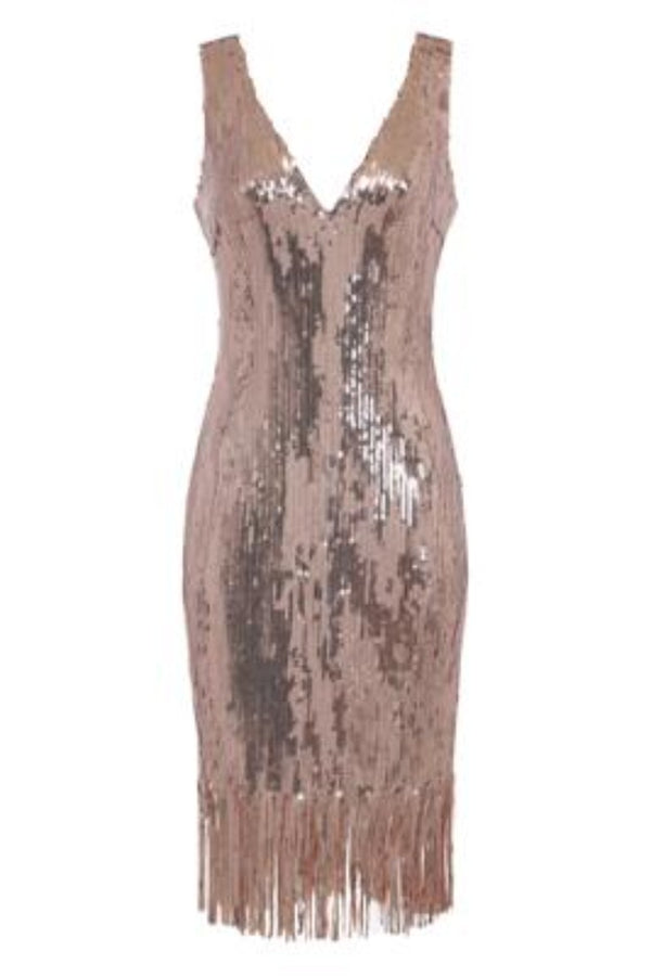 Own It Rose Gold Mirror Sequin Tassel Fringe Hem Midi Dress