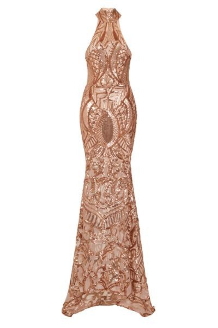 Envy Rose Gold Vip Luxe Illusion Sequin Embellished Fishtail Dress
