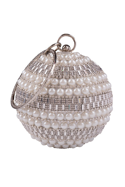 Viva Silver Crystal Diamante Pearl Wristlet Sphere Clutch Bag