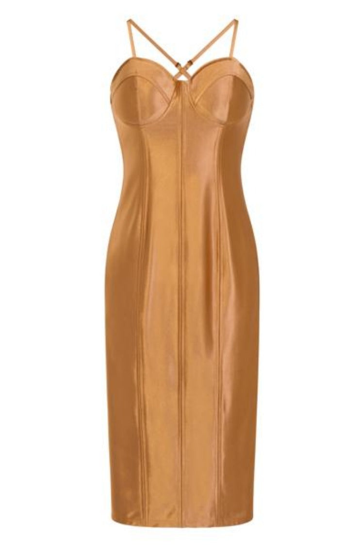 Liquid Gold Bustier Slinky Satin Bodycon Midi Dress