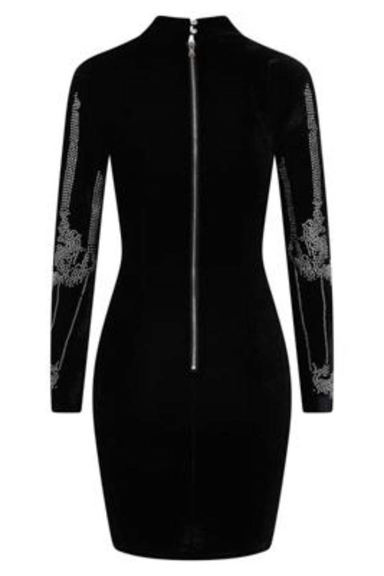 Crush Black Velvet Embellished Rhinestone Long Sleeve Bodycon Dress