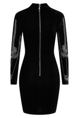 Crush Black Velvet Embellished Rhinestone Long Sleeve Bodycon Dress