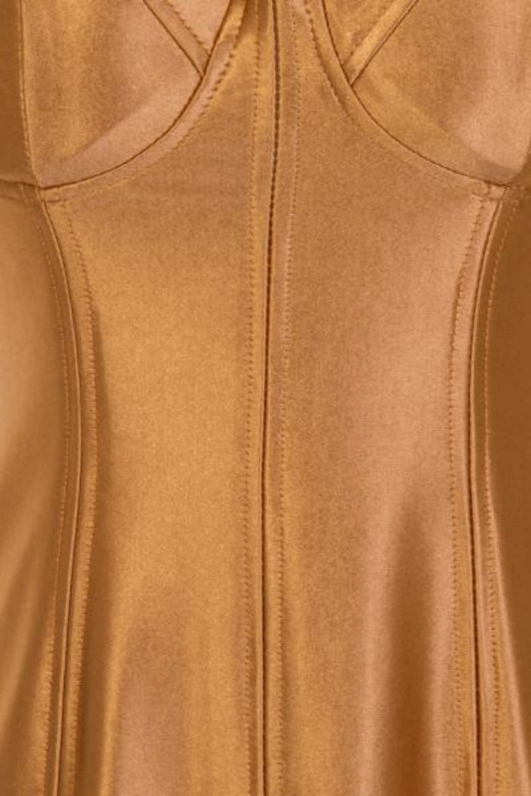 Liquid Gold Bustier Slinky Satin Bodycon Midi Dress