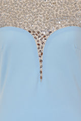 Seska Blue Crystal Plunge Thigh Split Fishtail Maxi Dress