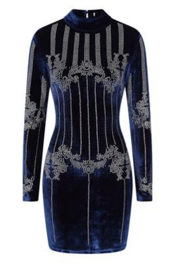 Crush Navy Blue Velvet Embellished Rhinestone Long Sleeve Bodycon Dress