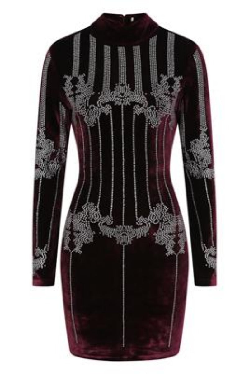 Crush Berry Wine Velvet Embellished Rhinestone Long Sleeve Bodycon Dress