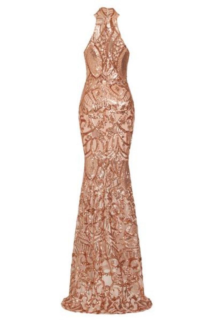 Envy Rose Gold Vip Luxe Illusion Sequin Embellished Fishtail Dress