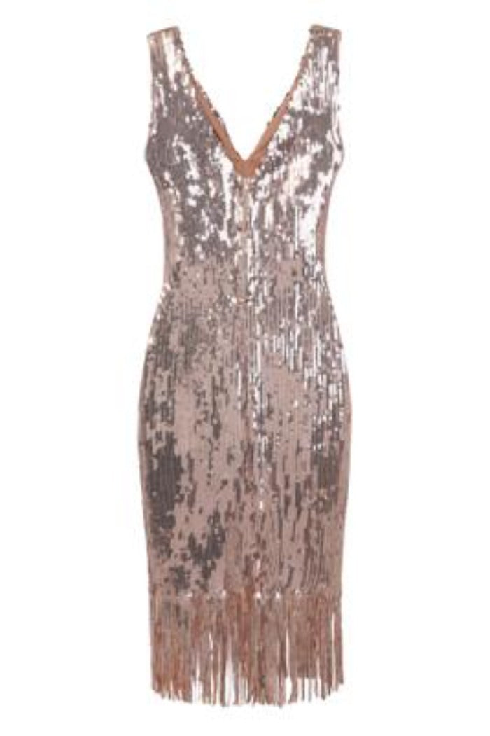 Own It Rose Gold Mirror Sequin Tassel Fringe Hem Midi Dress