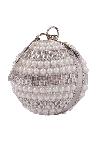 Viva Silver Crystal Diamante Pearl Wristlet Sphere Clutch Bag