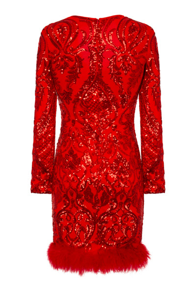 Valentina Red Luxe Brocade Sequin Plunge Feather Dress