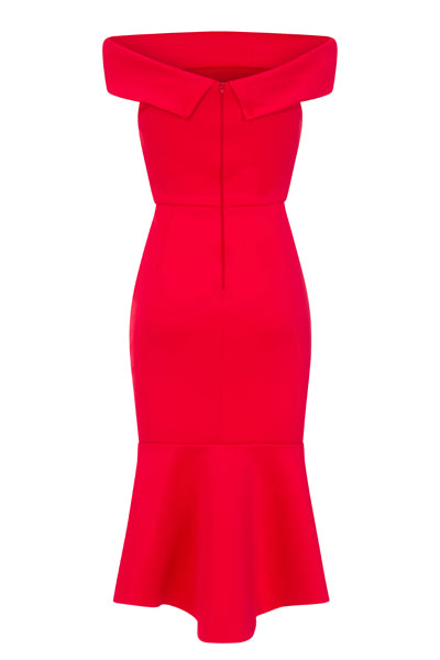 Serena Berry Red Bardot Bodycon Peplum Midi Dress