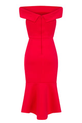 Serena Berry Red Bardot Bodycon Peplum Midi Dress