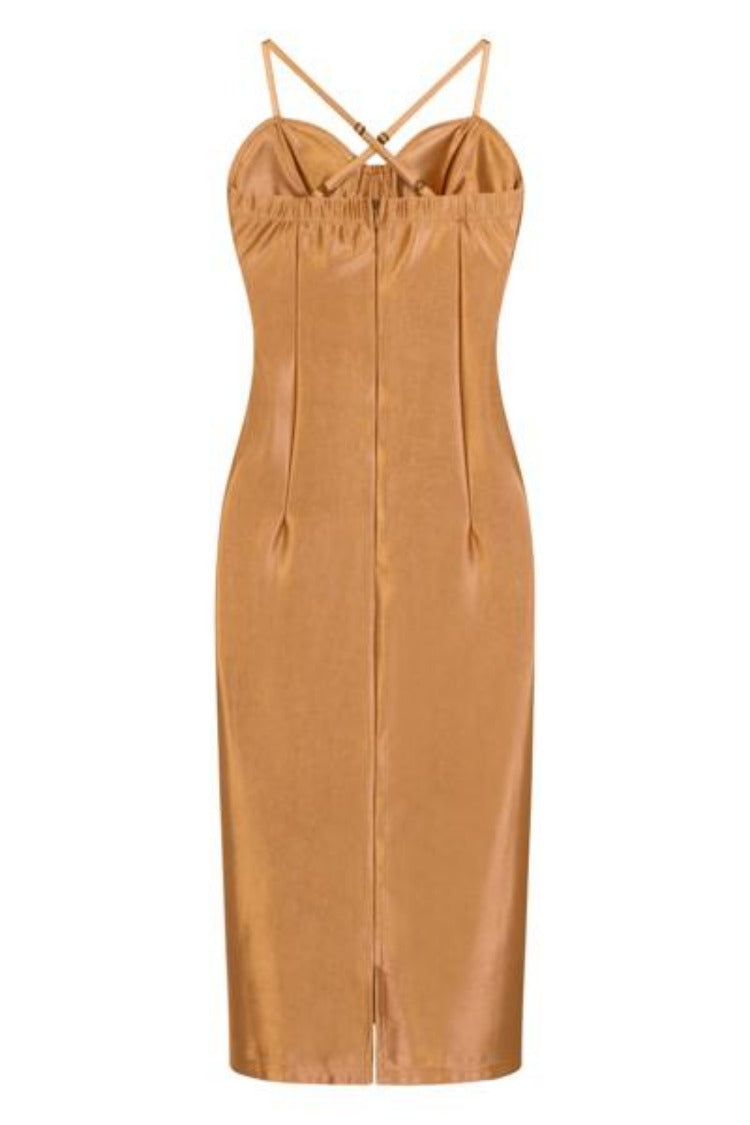 Liquid Gold Bustier Slinky Satin Bodycon Midi Dress