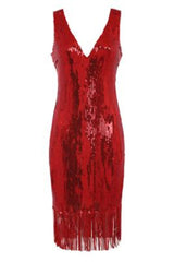 Own It Red Mirror Sequin Tassel Fringe Hem Midi Dress