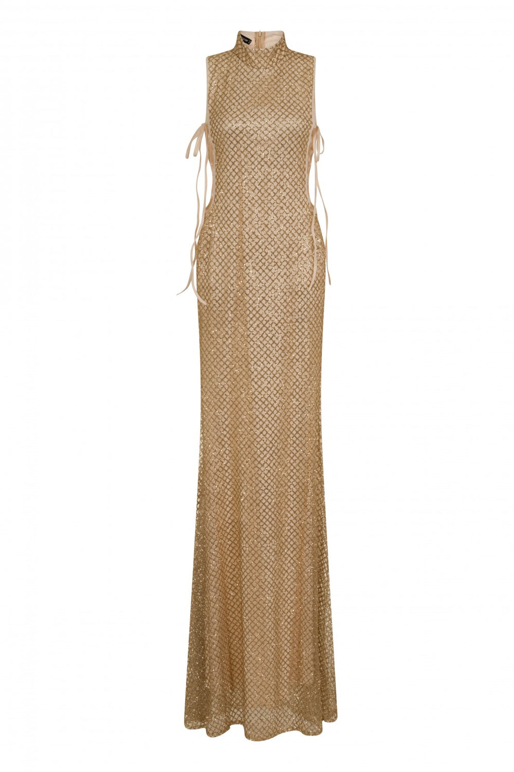 Gigi Gold & Nude High Neck Tie Side Shimmer Sparkle Maxi Dress