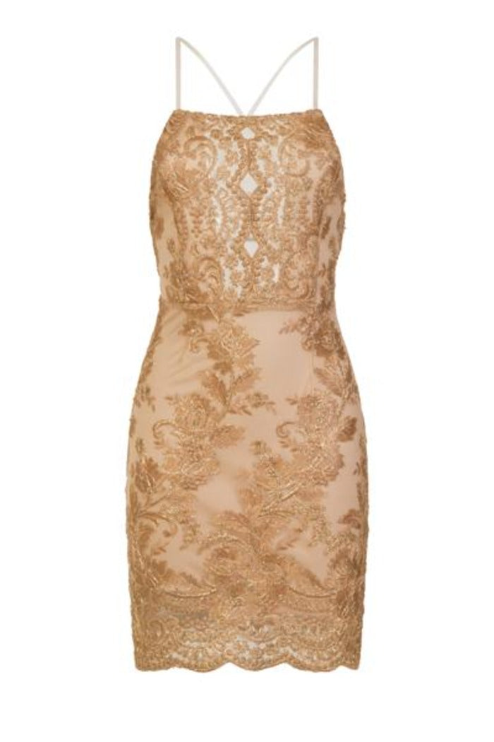 Heidi Nude Keyhole Gold Floral Lace Embroidery Scallop Midi Dress