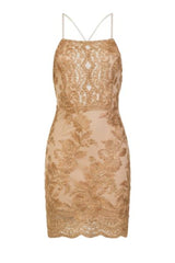 Heidi Nude Keyhole Gold Floral Lace Embroidery Scallop Midi Dress