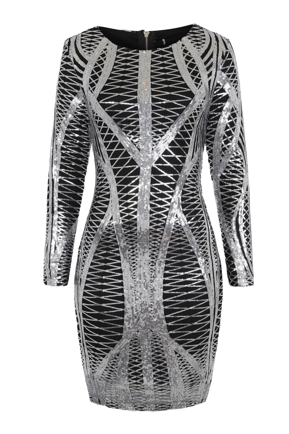 Hilton Luxe Black Silver Cage Sequin Bandage Bodycon Illusion Dress