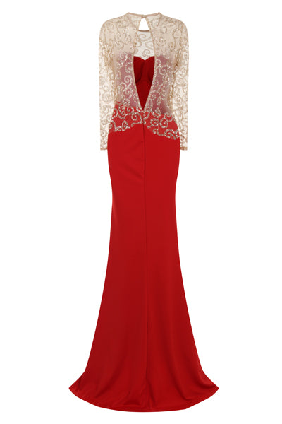 Vanity Sparkle Red Slinky Fishtail Maxi Dress
