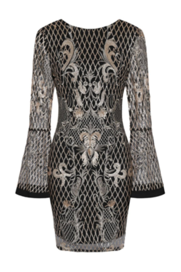Marina Gold Embroidery & Sequin Bodycon Flared Sleeve Midi Dress