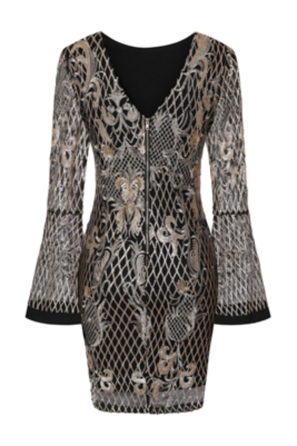 Marina Gold Embroidery & Sequin Bodycon Flared Sleeve Midi Dress