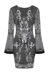 Marina Silver Embroidery & Sequin Bodycon Flared Sleeve Midi Dress