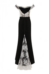 Ruby Black Off The Shoulder Lace Fishtail Maxi Dress