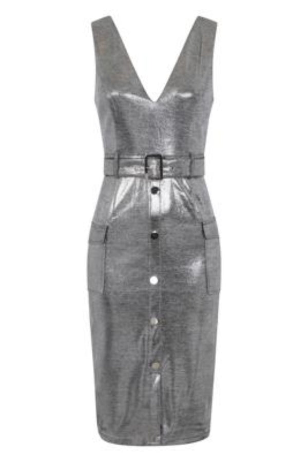 Fame Silver Metallic Tuxedo V Neck Tailored Midi Dress