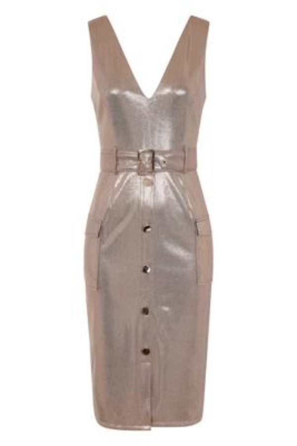 Fame Gold Metallic Tuxedo V Neck Tailored Midi Dress