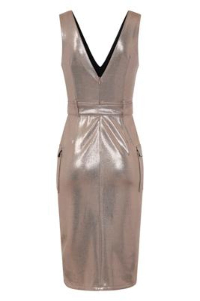 Fame Gold Metallic Tuxedo V Neck Tailored Midi Dress