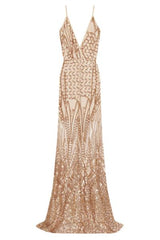 Daphne Gold Sheer Luxe Sequin Slit Maxi Dress