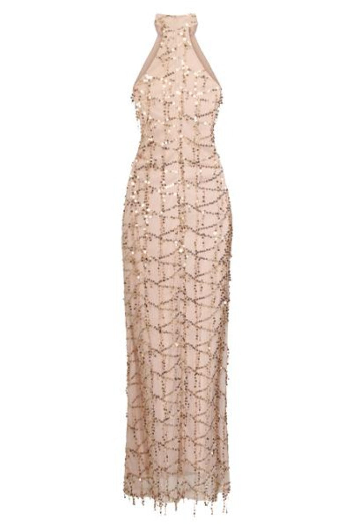 Sofia Nude Sequin Tassel Fringe Mermaid Dress