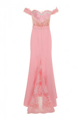 Ruby Blush Off The Shoulder Lace Fishtail Maxi Dress